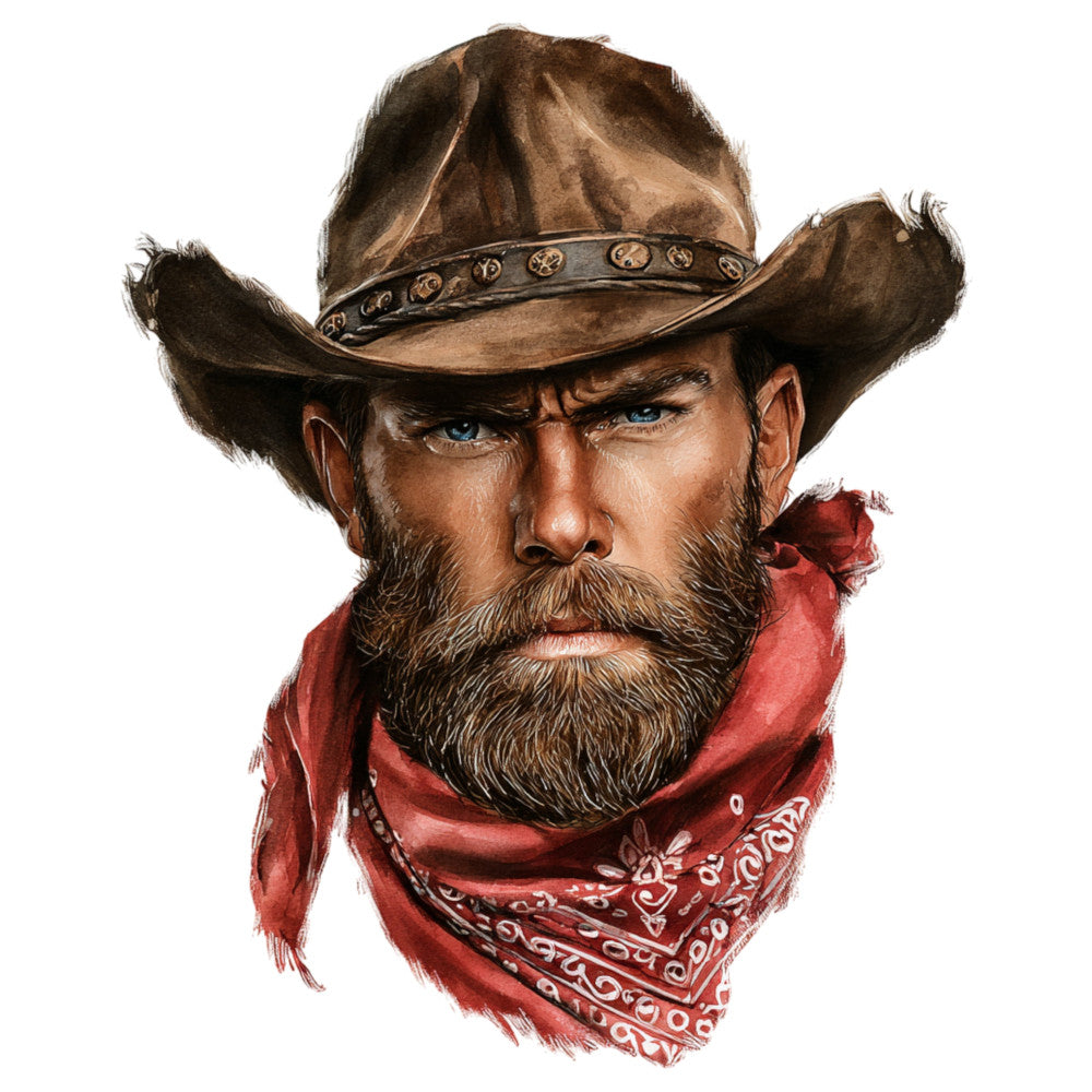 cowboy, western, portrait, men's fabric, rust red, burgundy, brown, tan, beige, bandana, cowboy hat, beard, blue eyes, vintage western, rustic, masculine, rodeo, country, americana, novelty, character panel, men's quilting, western wear, stetson, wild west, traditional, rugged, facial hair motif