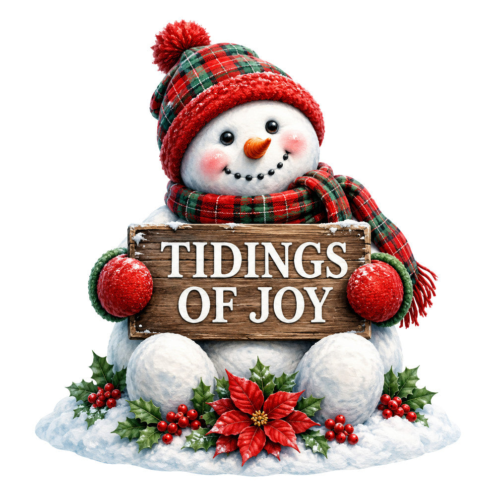 christmas, holiday, snowman, tidings of joy, red, forest green, white, cream, plaid, tartan, festive, winter, seasonal, rustic, whimsical, poinsettia, holly berries, knit hat, scarf, jolly, cheerful, traditional, vintage style, farmhouse, snow, decorative panel, wall hanging, christmas decor, warm, cozy