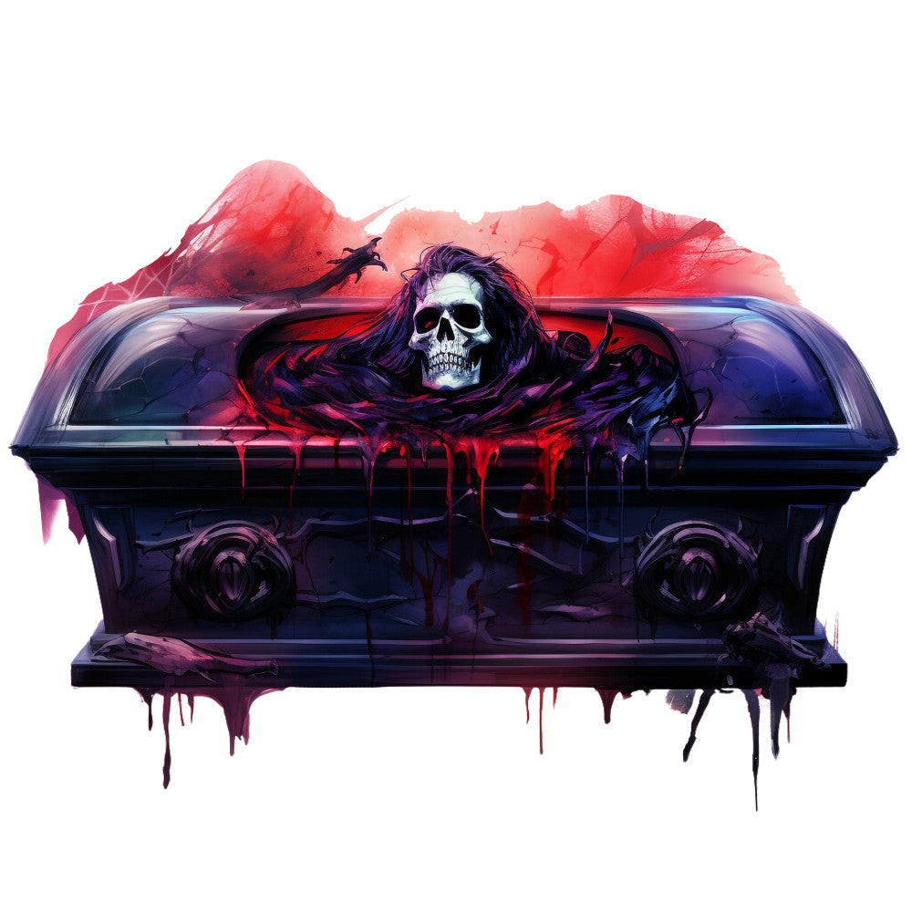 gothic skull, dark purple, deep red, blood red, noir, skeleton, grim reaper, metal, edgy, horror, dark academia, macabre, dramatic, moody, supernatural, coffin, death, alternative, dark fantasy, punk rock, street art, contemporary, edgy style, dripping paint effect, red and purple gradient, theatrical, memorial, halloween, dark aesthetic, bold contrast