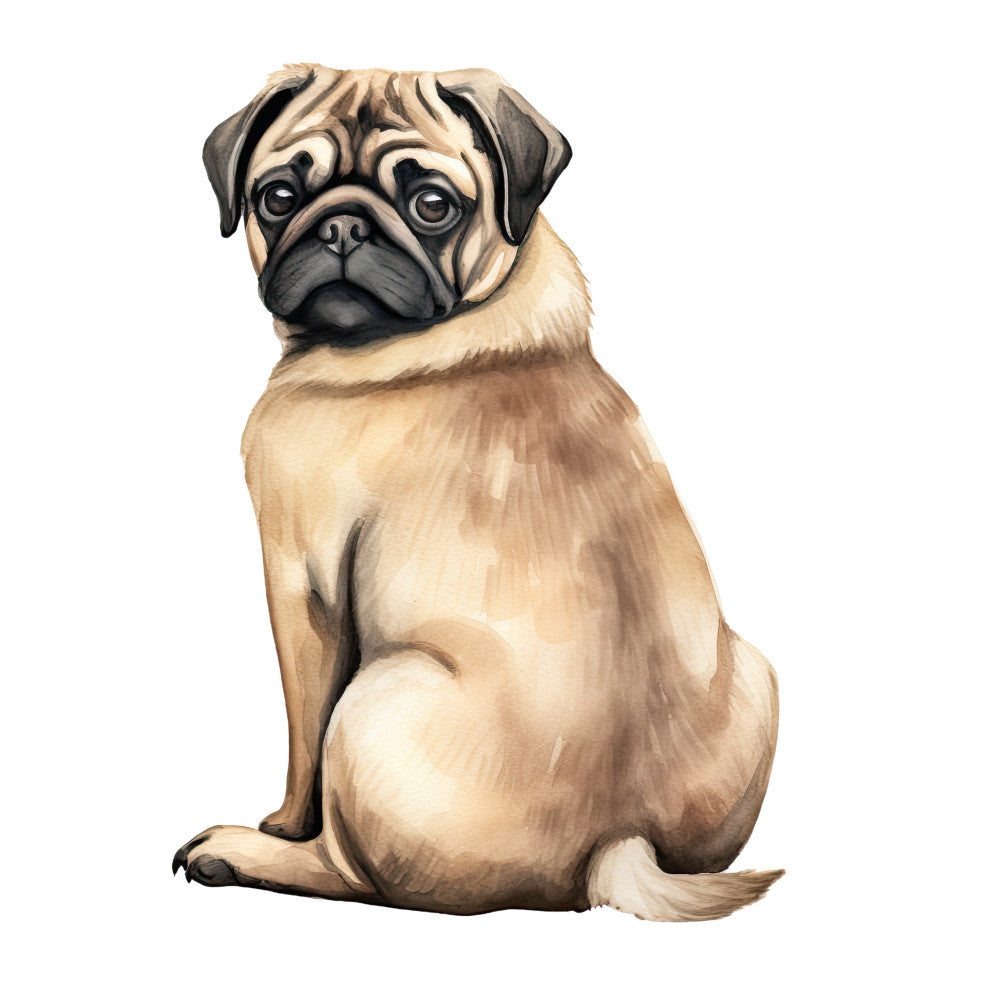Watercolor Pug Fabric Panel 7 featuring a detailed watercolor illustration of a sitting pug dog printed on premium quilting cotton.