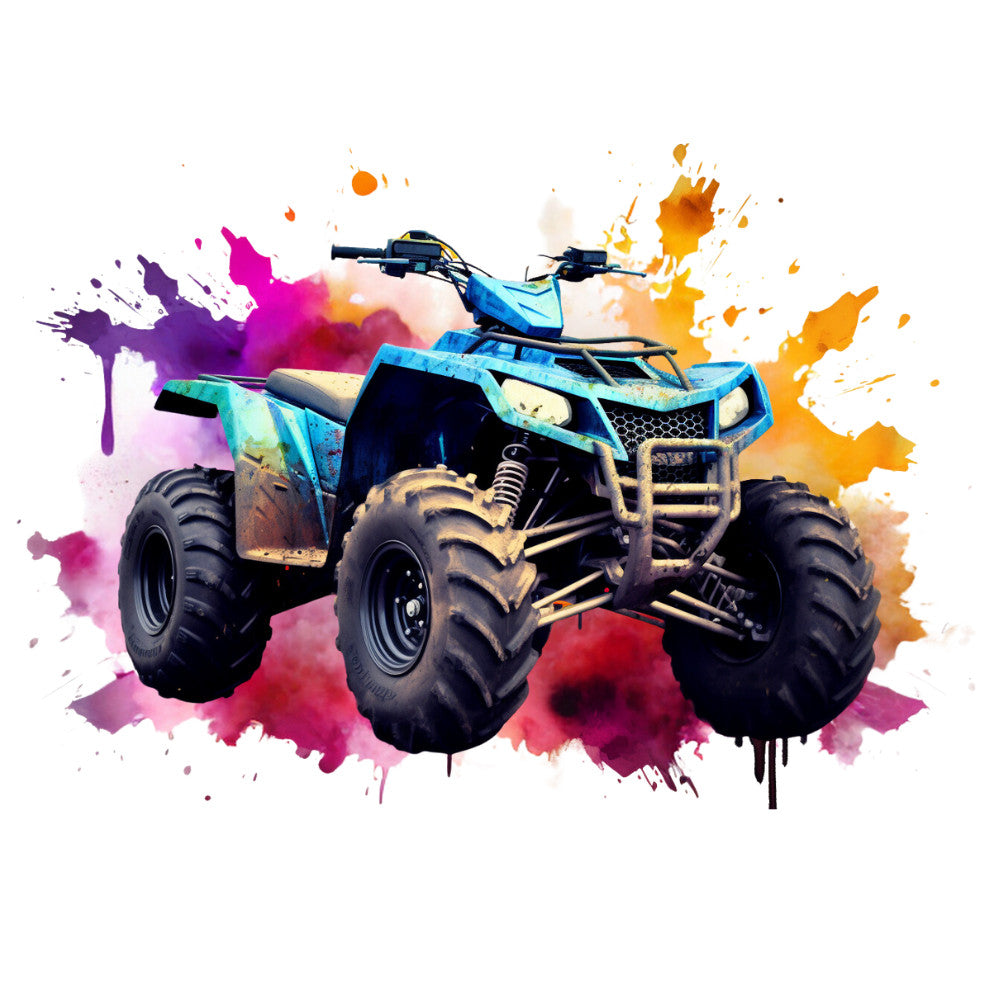 watercolor, four wheeler, atv, quad bike, purple splashes, orange splashes, pink splashes, blue vehicle, paint splatters, artistic drips, off-road vehicle, recreational vehicle, fabric panel, quilting cotton, adventure theme, outdoor recreation, motorsports, vibrant colors, abstract background, contemporary art style