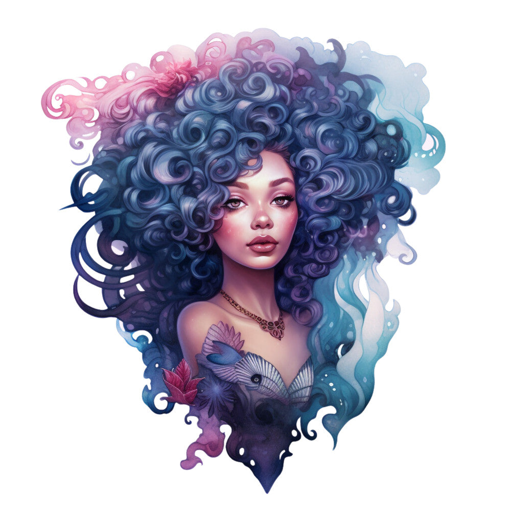 fabric panel, mermaid, woman portrait, curly hair, pink hair, blue hair, purple hair, gradient colors, fantasy art, digital illustration, ocean theme, seashells, coral, underwater scene, swirling designs, ethereal, mystical, quilting cotton, decorative birds, flowing hair, pastel tones, turquoise, lavender