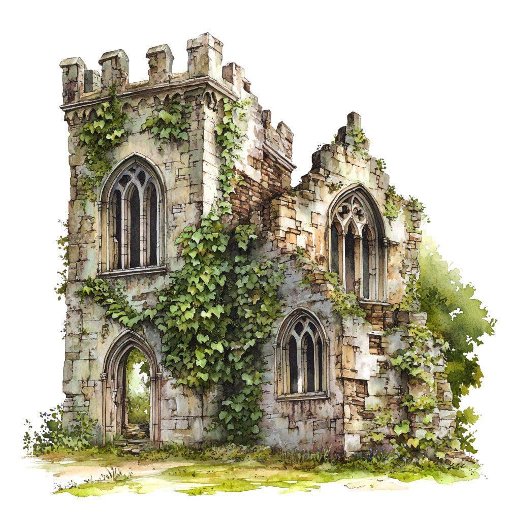 medieval castle, stone ruins, ivy covered, gothic windows, arched doorway, green foliage, weathered stone, fabric panel, watercolor style, countryside scene, ancient architecture, moss green, sandy beige, romantic ruins, quilting cotton, english heritage, crumbling walls, nature reclaimed, pastoral setting, decorative stonework