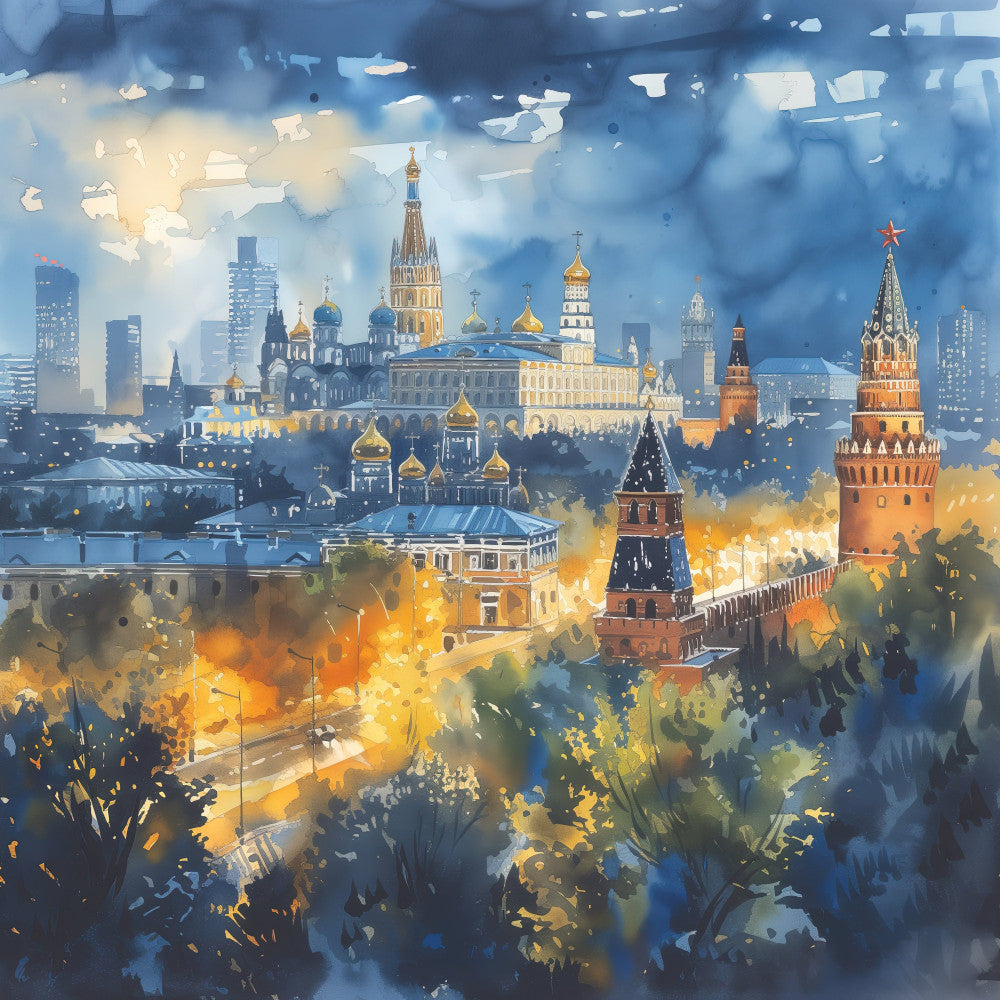 moscow skyline, russian architecture, kremlin, golden domes, blue sky, architectural landmarks, cityscape, travel themed, historic buildings, watercolor style, impressionist, abstract watercolor, gold accents, blue and gold, autumn colors, warm tones, cool tones, european inspired, cultural heritage, winter scene, snowy landscape, elegant style, sophisticated design, ornate details, landscape panel, wall art fabric, home decor, traditional style, whimsical architecture