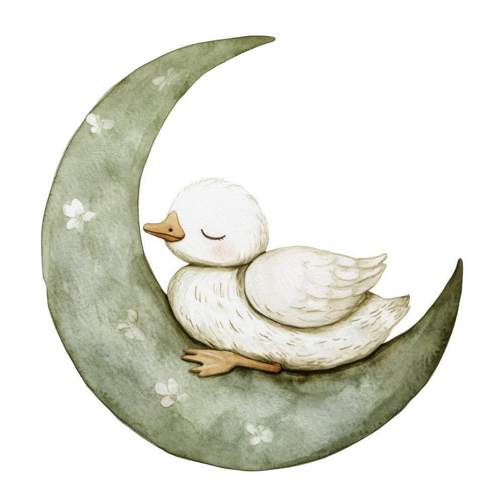 sage green, cream white, soft green, pale green, muted colors, pastoral, whimsical, nursery, baby, sleeping duck, duckling, moon, celestial, nature, animals, birds, waterfowl, dreamy, gentle, soothing, lullaby, sweet, tender, spring, baby quilt, crib bedding, wall art, nursery decor, soft pastels, children's