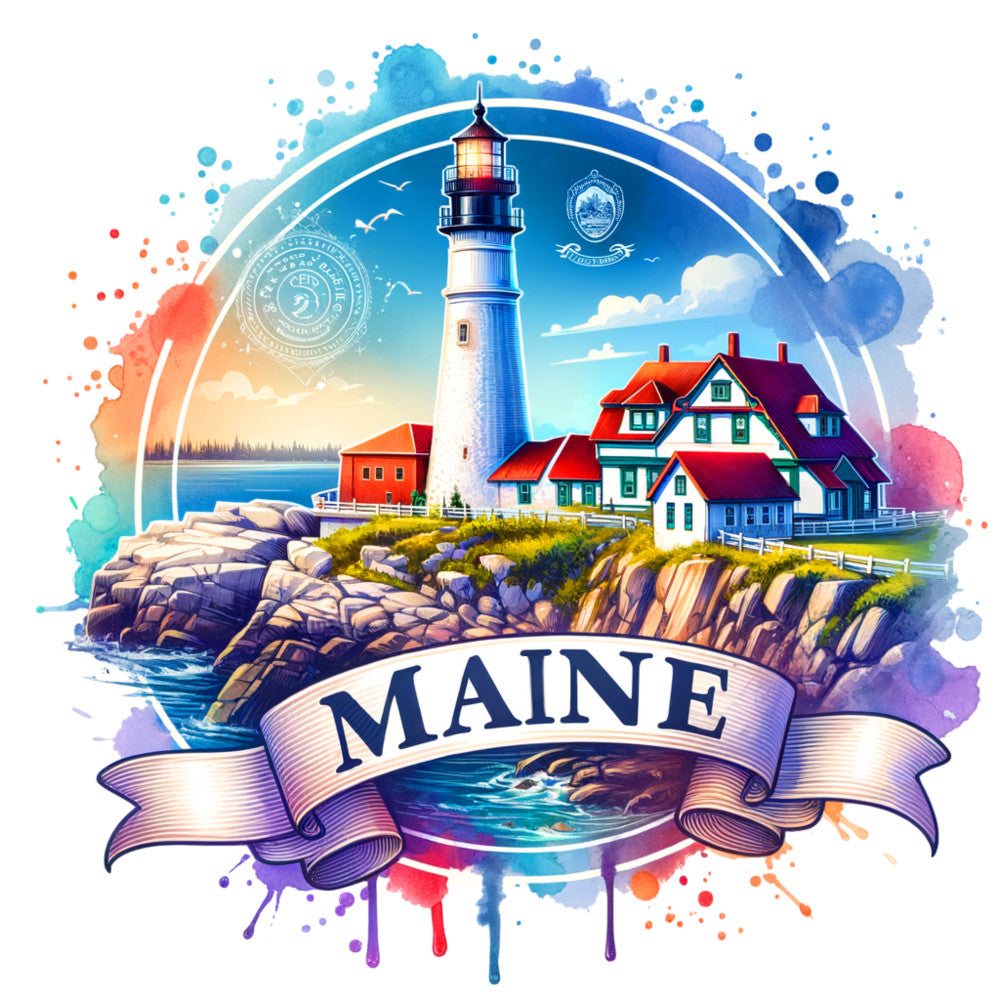 US States Retro Travel Fabric Panel 49 featuring Maine lighthouse and coastal scene on premium quilting cotton fabric.