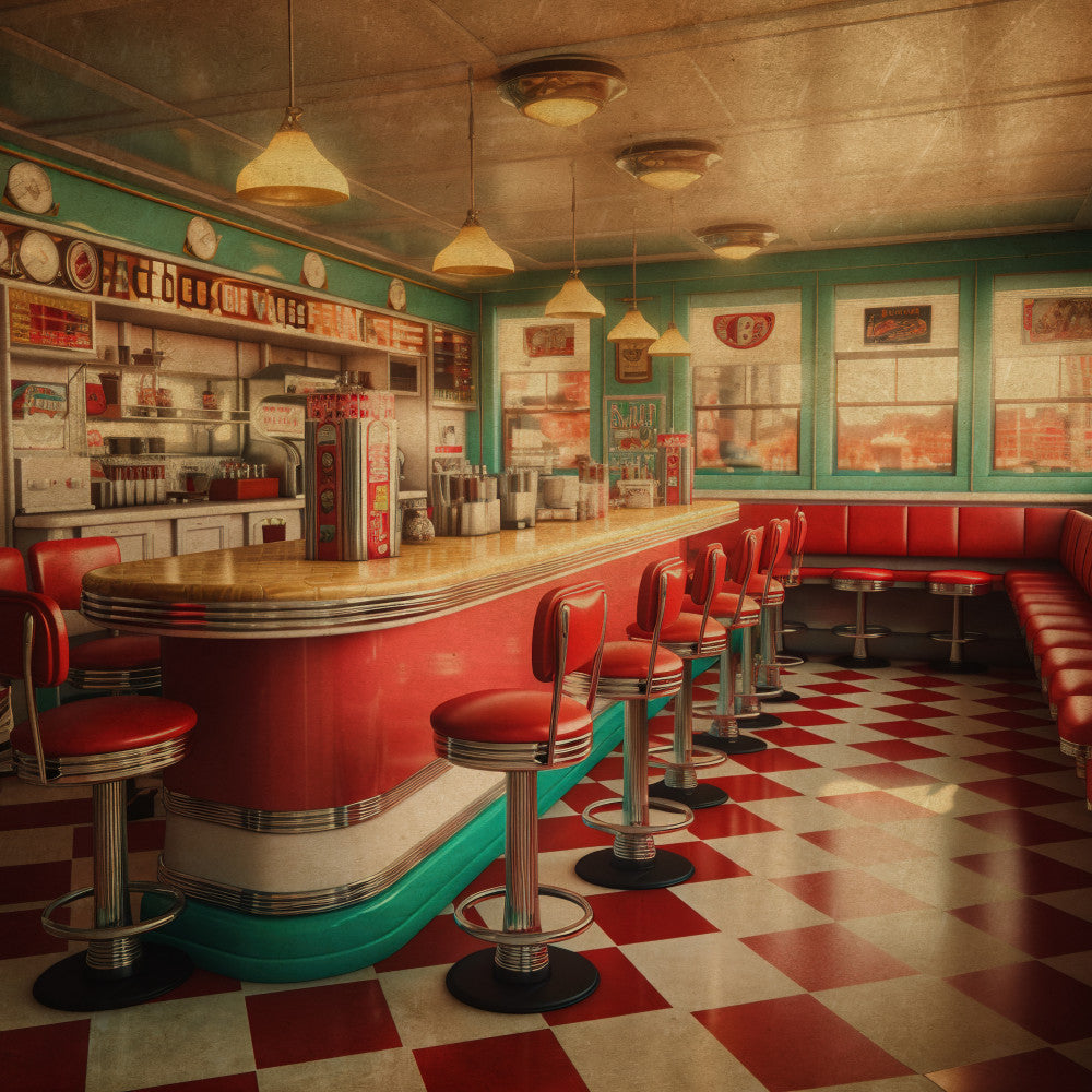 retro, vintage, 1950s diner, chrome, red, turquoise, cream, checkered, geometric, diamond pattern, mid-century, nostalgic, americana, kitsch, kitschy, retro kitchen, diner aesthetic, chrome accents, red and turquoise, classic diner, booth seating, counter seating, striped, art deco, period decor, novelty, conversation print, iconic, timeless, Americana charm