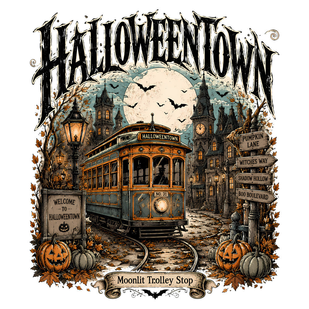 halloween, halloweentown, spooky, haunted house, trolley, vintage trolley, autumn, fall, october, pumpkins, jack-o-lanterns, bats, full moon, moonlit, gothic, dark orange, cream, slate blue, black, vintage halloween, retro halloween, whimsical, nostalgic, street signs, witches way, pumpkin lane, boo boulevard, shadow hollow, haunted, festive