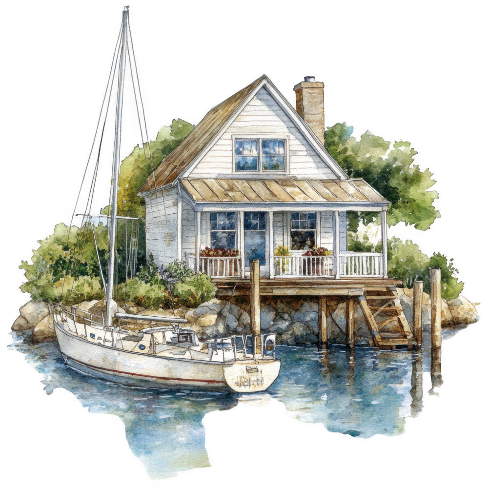 coastal, nautical, sailboat, watercolor, cottage, waterfront, seaside, beach house, white, blue, cream, tan, brown, green, scenic, landscape, traditional, vintage, summer, nature, water, dock, pilings, architectural, house portrait, New England, rustic, elegant