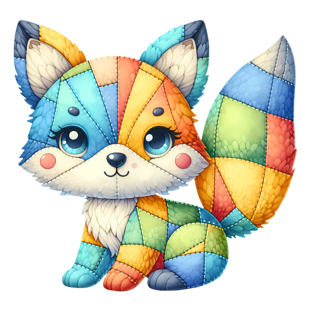 rainbow fox, multicolor animal, geometric patchwork, colorful quilted, whimsical fox, bright orange, sky blue, lime green, coral pink, yellow, navy blue, turquoise, patchwork quilt, quilted animal panel, children's fabric, playful design, modern animal, cute fox, rainbow colors, segmented pattern, colorful blocks, animal face, nursery fabric, baby quilt fabric, wall hanging, decorative panel, cheerful design, bold colors, contemporary style, kids fabric