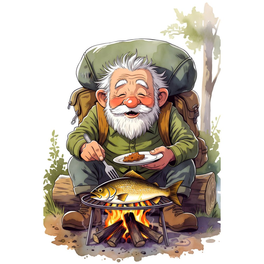 camping, outdoors, nature, fishing, gnome, bearded man, forest green, olive green, tan, rust orange, cream, wood tones, whimsical, rustic, adventure, campfire, scenic, outdoor recreation, hiking, campsite, charming, folk art, storybook, vintage style, woodland, cozy, cabin core, outdoor enthusiast, scenic landscape, decorative panel