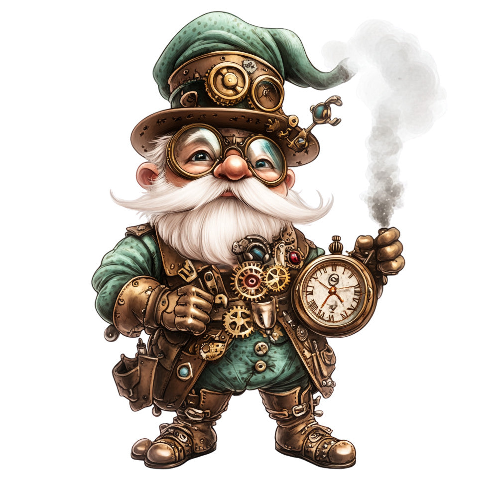 steampunk gnome, mechanical gears, bronze metal, copper tones, teal green, white beard, goggles, pocket watch, victorian fantasy, clockwork details, fabric panel, quilting cotton, fantasy character, brass accents, steam smoke, mustache, mechanical accessories, whimsical illustration, industrial fantasy, gear patterns
