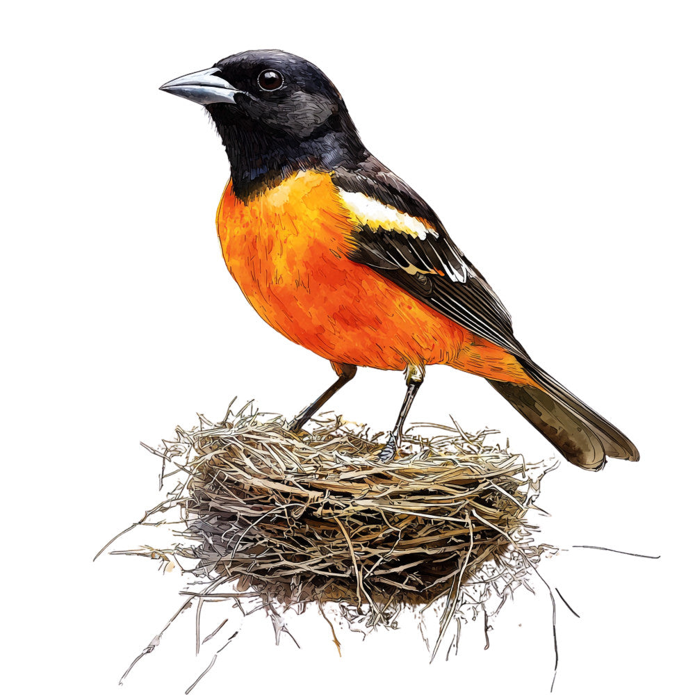 bird, baltimore oriole, orange, black, white, nest, twigs, natural history, realistic illustration, wildlife, songbird, fabric panel, quilting cotton, nature theme, ornithology, detailed artwork, perched bird, spring theme, decorative panel, craft fabric