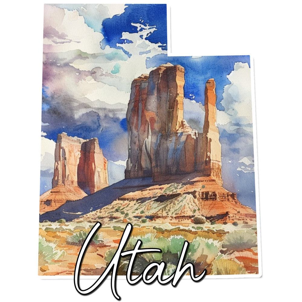 utah, monument valley, desert landscape, southwestern, scenic, travel, vintage travel poster, buttes, red rock, sandstone, sky blue, deep blue, burnt orange, terracotta, tan, beige, sage green, landscape, nature, scenic vista, rustic, americana, western, geographic, tourism, state pride, wall hanging, home decor, travel themed, warm tones