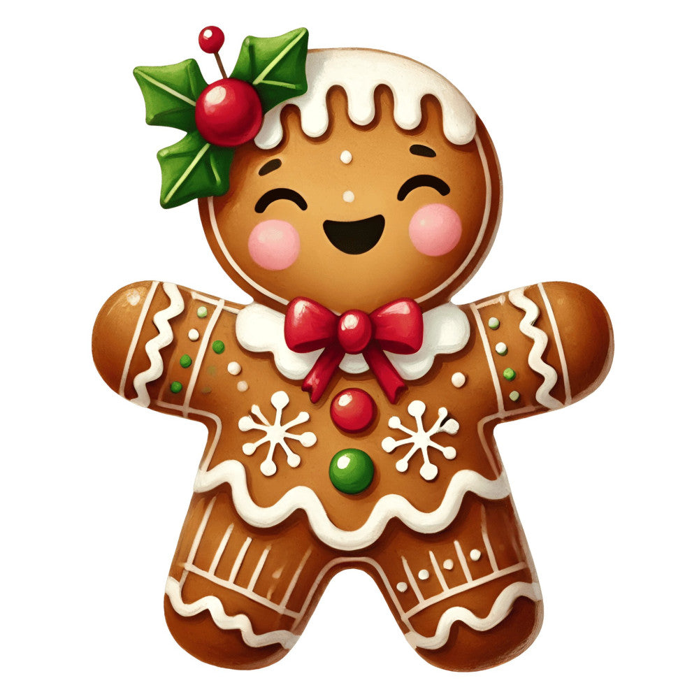 gingerbread man, christmas, holiday, festive, whimsical, cute, cheerful, red, green, cream, white, brown, gingerbread, holly berries, bow tie, frosting, icing, candy, decorative, traditional, seasonal, winter, sweet treats, baking, kitchen, children, playful, smiling face, food theme