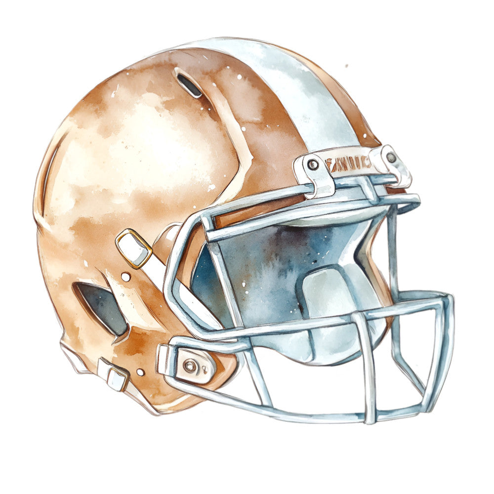 tan football helmet, bronze metallic, silver gray, sports illustration, football theme, athletic wear, masculine style, team sports, football equipment, helmet design, watercolor style, fall sports, autumn, football fan, sports enthusiast, game day, coach gift, player gift, locker room decor, sports apparel, realistic illustration, detailed design, modern sports, contemporary athletic, boys room, man cave, sports memorabilia, football season, touchdown theme