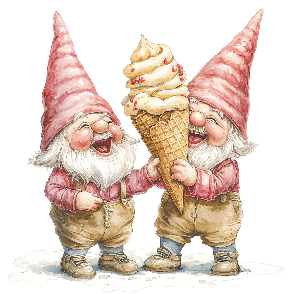 gnome, gnomes, whimsical, ice cream, pink, rose pink, dusty rose, cream, tan, brown, beige, woodland, fantasy, playful, cheerful, cute, humorous, vintage, retro, holiday, christmas, character, illustration, storybook, children's, friendly, joyful, spring, summer, decorative panel