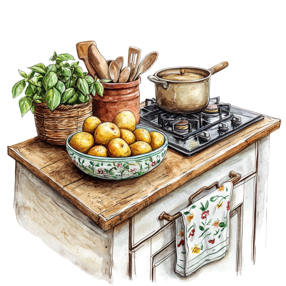 fabric panel, country kitchen, rustic style, watercolor illustration, wooden countertop, gas stove, cooking pot, fresh potatoes, wicker basket, green herbs, basil plant, floral bowl, kitchen utensils, wooden spoons, terra cotta pot, cottage style, farmhouse design, cream colors, brown tones, green foliage, quilting cotton