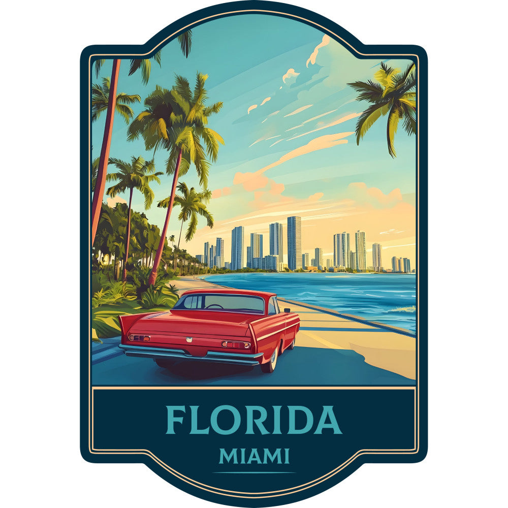 vintage miami, retro travel, palm trees, art deco, turquoise blue, coral red, sandy beige, cream yellow, ocean blue, sunset, classic car, 1950s style, beach scene, tropical, coastal, americana, nostalgic, mid-century modern, skyline, travel poster, summer, seaside, convertible car, warm colors, sky blue, travel theme, retro aesthetic, vacation vibes, iconic landmarks, sunny day