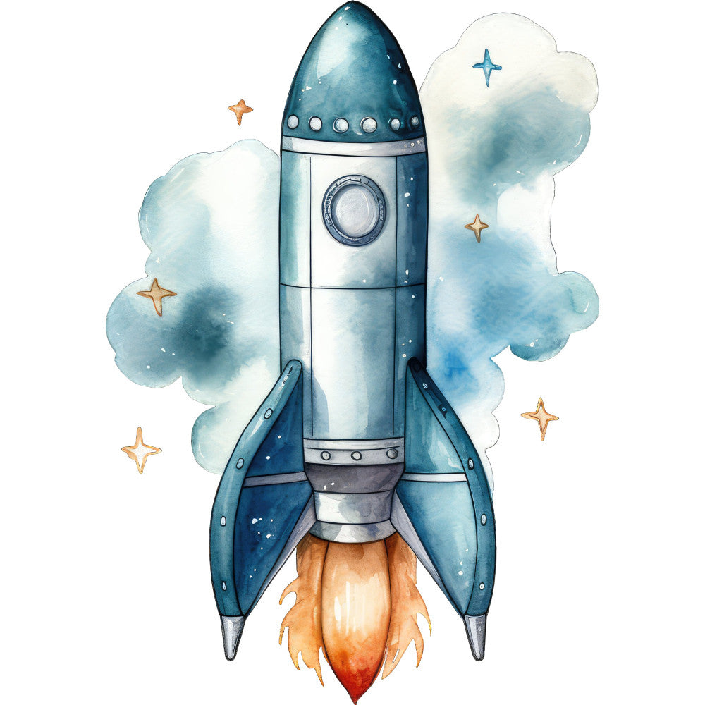 rocket, space, celestial, stars, clouds, watercolor, blue, navy blue, white, cream, orange, gold, whimsical, modern, children's, kids, nursery, adventure, fantasy, exploration, sci-fi, science fiction, cosmic, dreamy, soft, gentle, baby, toddler, wall art, decorative