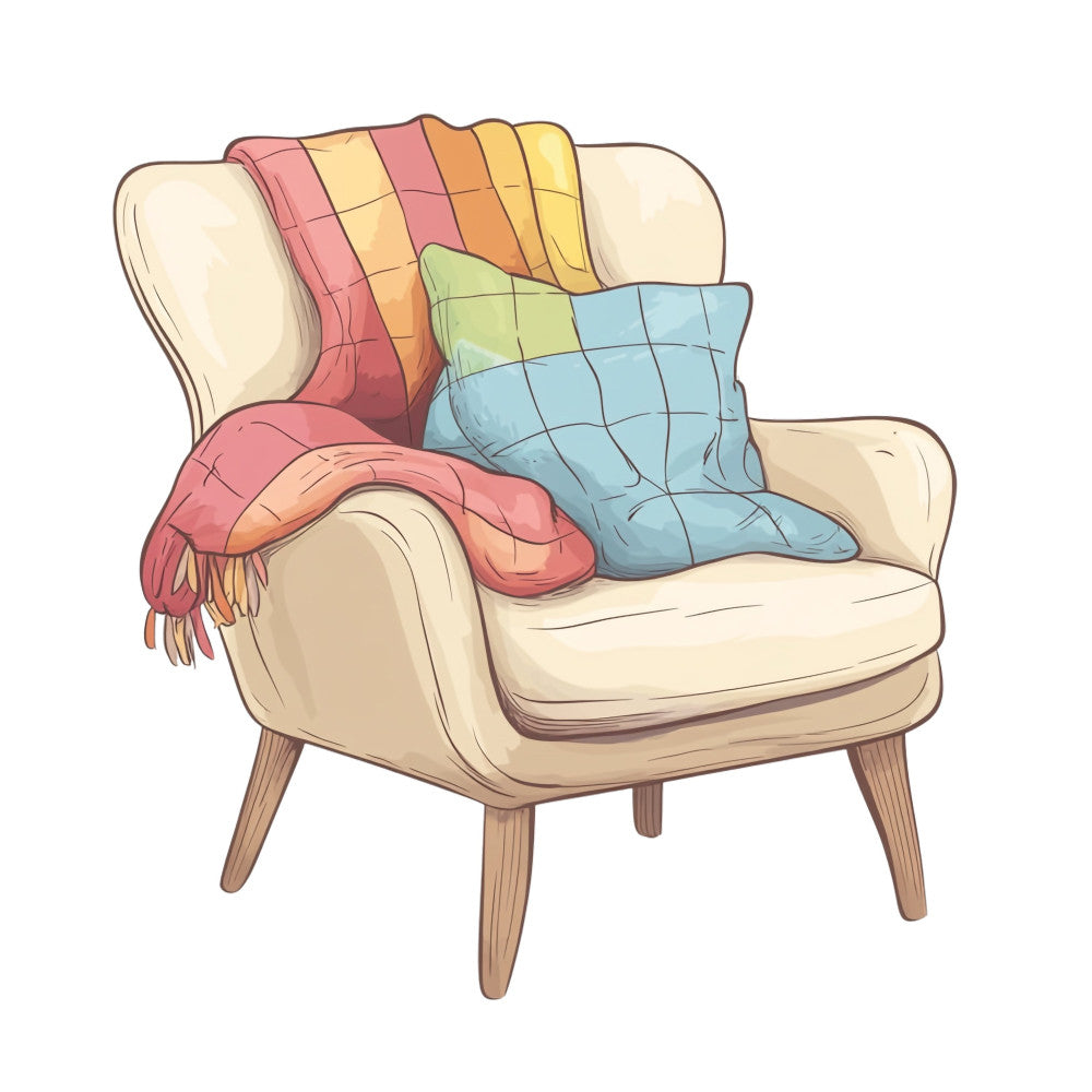 cozy armchair, cream colored chair, warm tones, quilted blankets, patchwork throw, multicolored quilt, rainbow colors, coral pink, golden yellow, sky blue, sage green, rust orange, dusty rose, checkered pattern, plaid design, geometric squares, home decor, living room, interior design, hygge style, cozy home, autumn colors, warm palette, layered textiles, throw blanket, cushion, upholstery, comfort theme, relaxation, cottage style