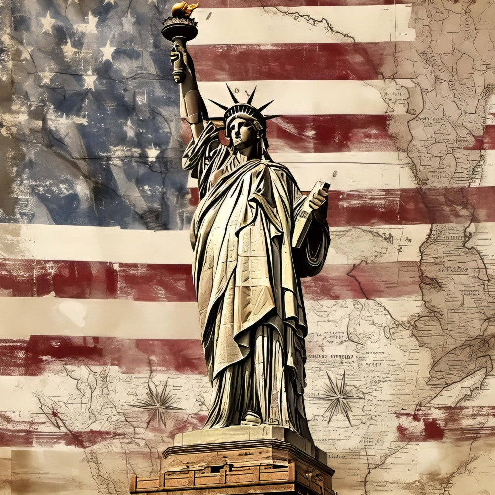 statue of liberty, american flag, patriotic, vintage map, red white and blue, cream, burgundy, sepia tone, distressed, americana, historical, independence day, fourth of july, liberty torch, monument, vintage americana, rustic, traditional, nostalgic, travel theme, geography, antique map, weathered, textured, memorial, national pride, wall hanging, home decor, patriot themed