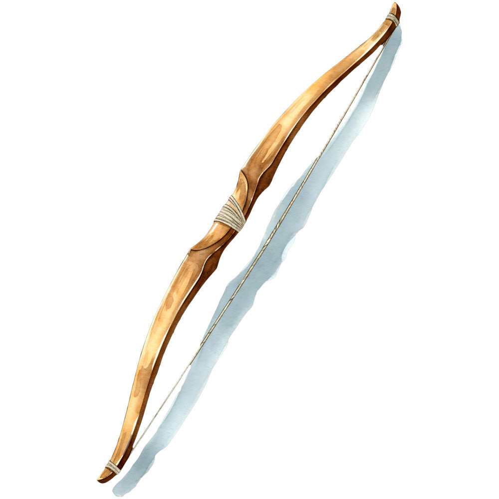 bow and arrow, archery, wooden bow, tan, light brown, honey brown, cream, beige, nature, outdoor, hunting, sports, rustic, traditional, vintage, historical, decorative, string detail, primitive, frontier, adventure, masculine, heritage, craftsman, earthy tones, natural materials, wall hanging, home decor, heritage craft