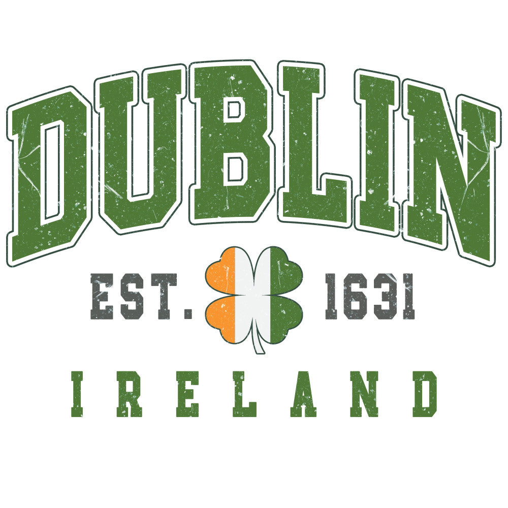 forest green, white, orange, vintage, retro, gaming, video game, doom, established 1931, ireland, irish, shamrock, clover, distressed, grunge, typography, text, letterpring, gamer, nostalgic, 90s, pixelated, leisure, entertainment, apparel, t-shirt panel, modern, bold, statement print