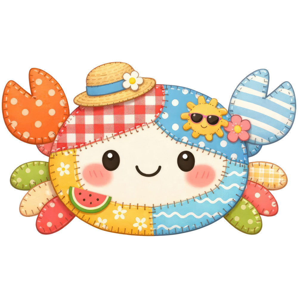 whimsical, cute, children's, summer, spring, colorful, orange, red, blue, yellow, green, coral pink, straw hat, sun character, watermelon, flowers, polka dots, checkered, striped, patchwork, happy face, smiling, playful, animal, beach themed, sunny, cheerful, bright, preppy, folk art