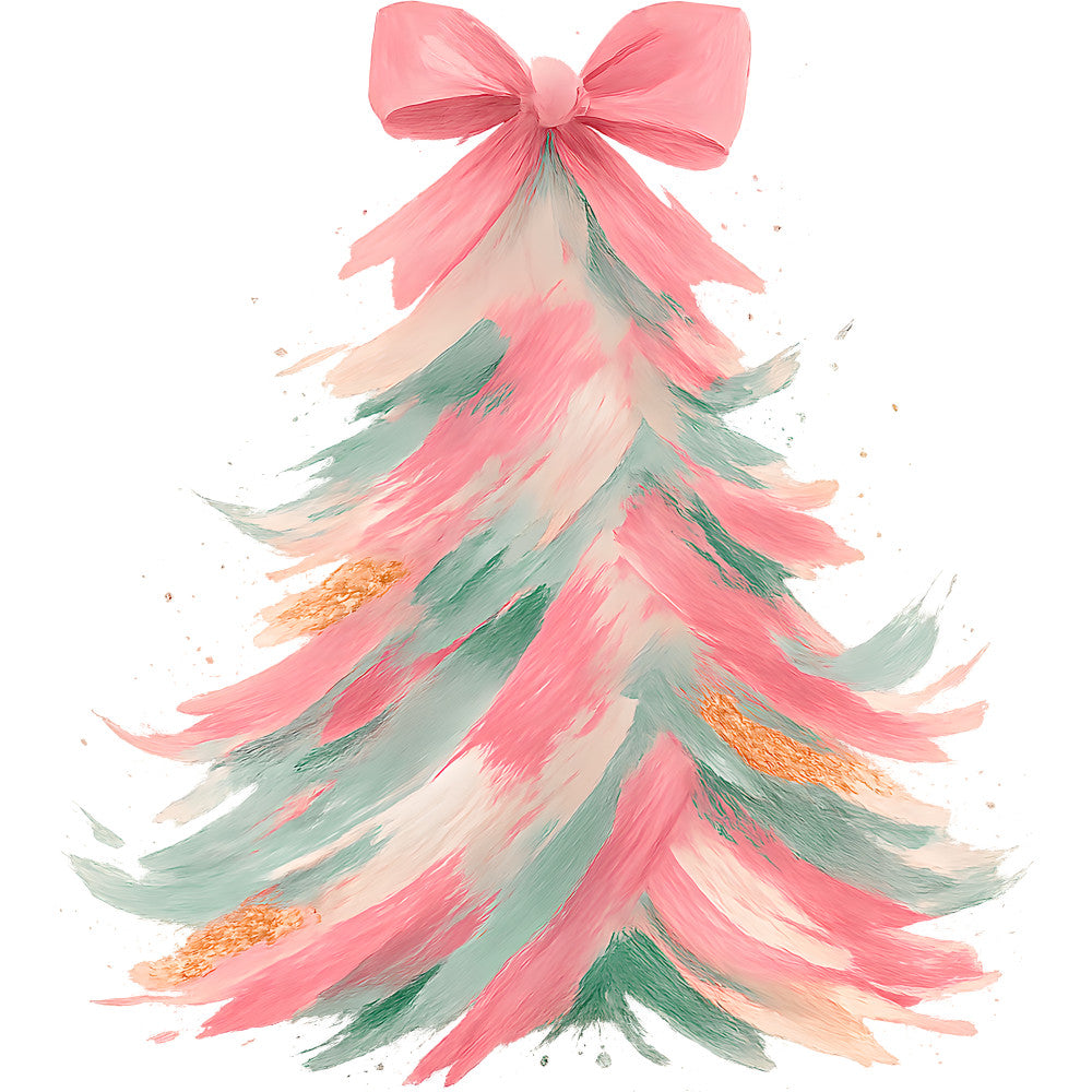 pink, coral, sage green, peach, christmas tree, watercolor style, brush strokes, ribbon bow, festive, holiday, fabric panel, quilting cotton, painterly, soft pastels, winter theme, decorative bow, artistic brushwork, seasonal motif, crafting fabric, tree silhouette