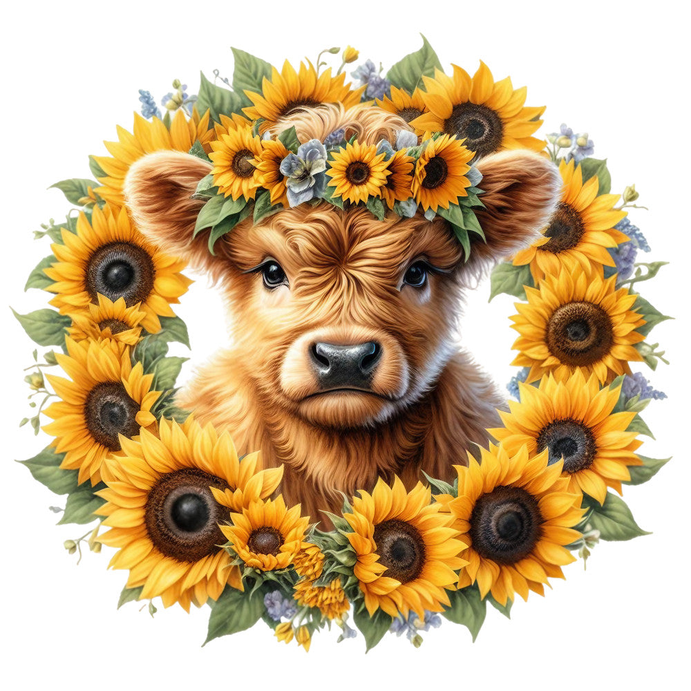 Rustic Sunflower Highland Cows Fabric Panel 17
