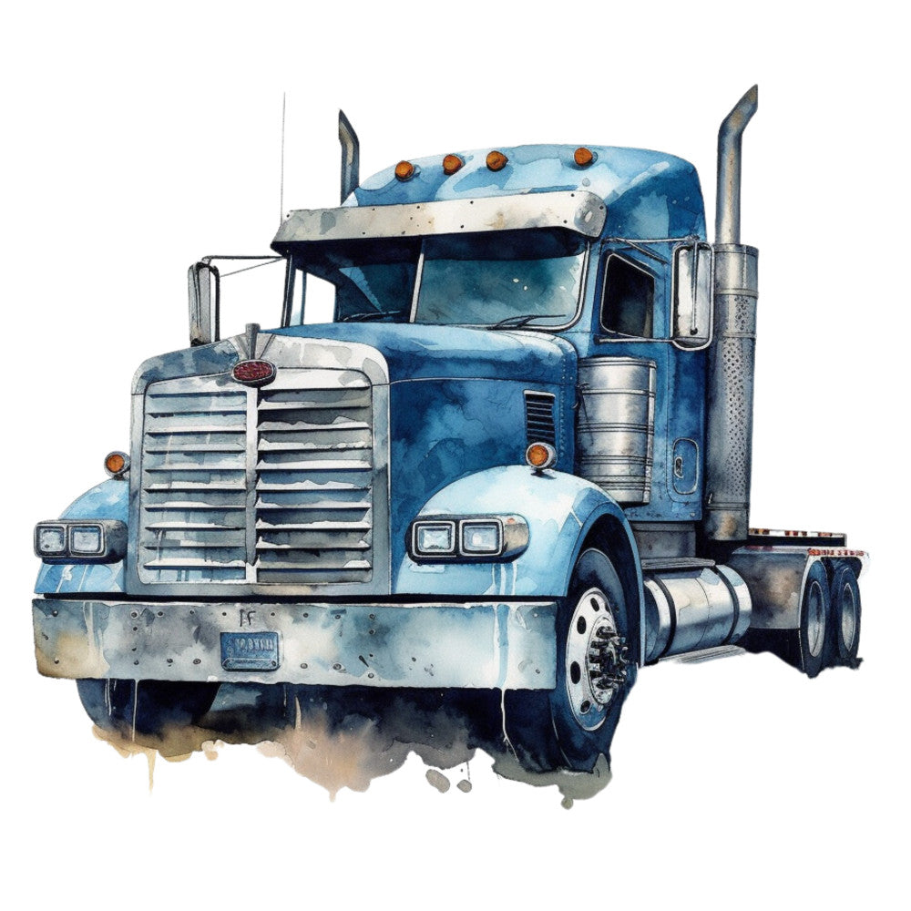 blue semi truck, watercolor painting, transportation vehicle, navy blue, light blue, silver chrome, orange accents, white details, big rig, eighteen wheeler, freight truck, artistic illustration, automotive design, fabric panel, quilting cotton, masculine theme, truck enthusiast, painted effect, commercial vehicle, detailed artwork