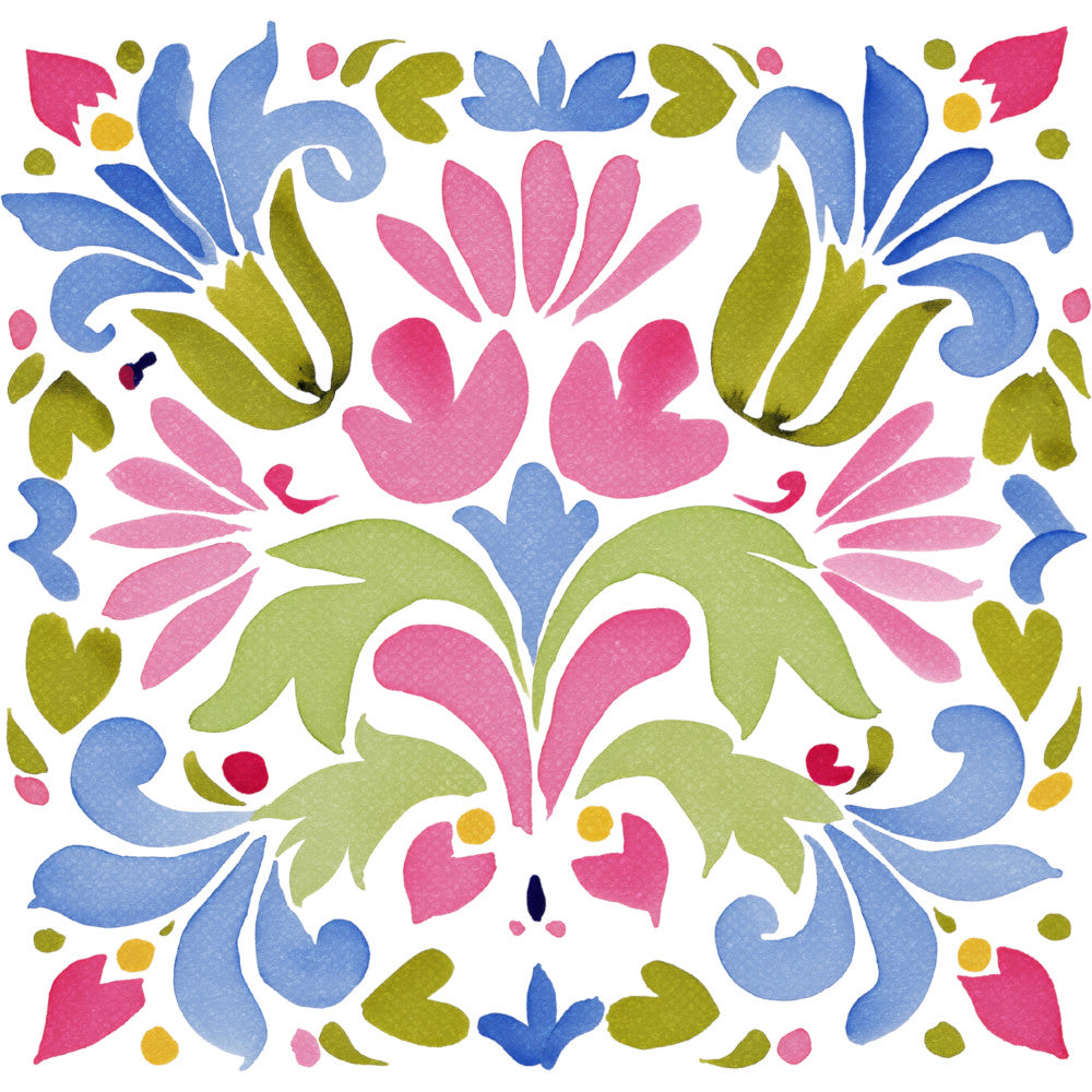 folk art floral, symmetrical pattern, hot pink, cornflower blue, olive green, chartreuse, botanical, traditional, whimsical, nature-inspired, decorative leaves, stylized flowers, hearts, spring, summer, vibrant colors, colorful, ornamental, vintage-inspired, mexican inspired, fiesta, cheerful, bright, multi-colored, leaf motifs, flower petals, scrollwork, damask-style, folk pattern