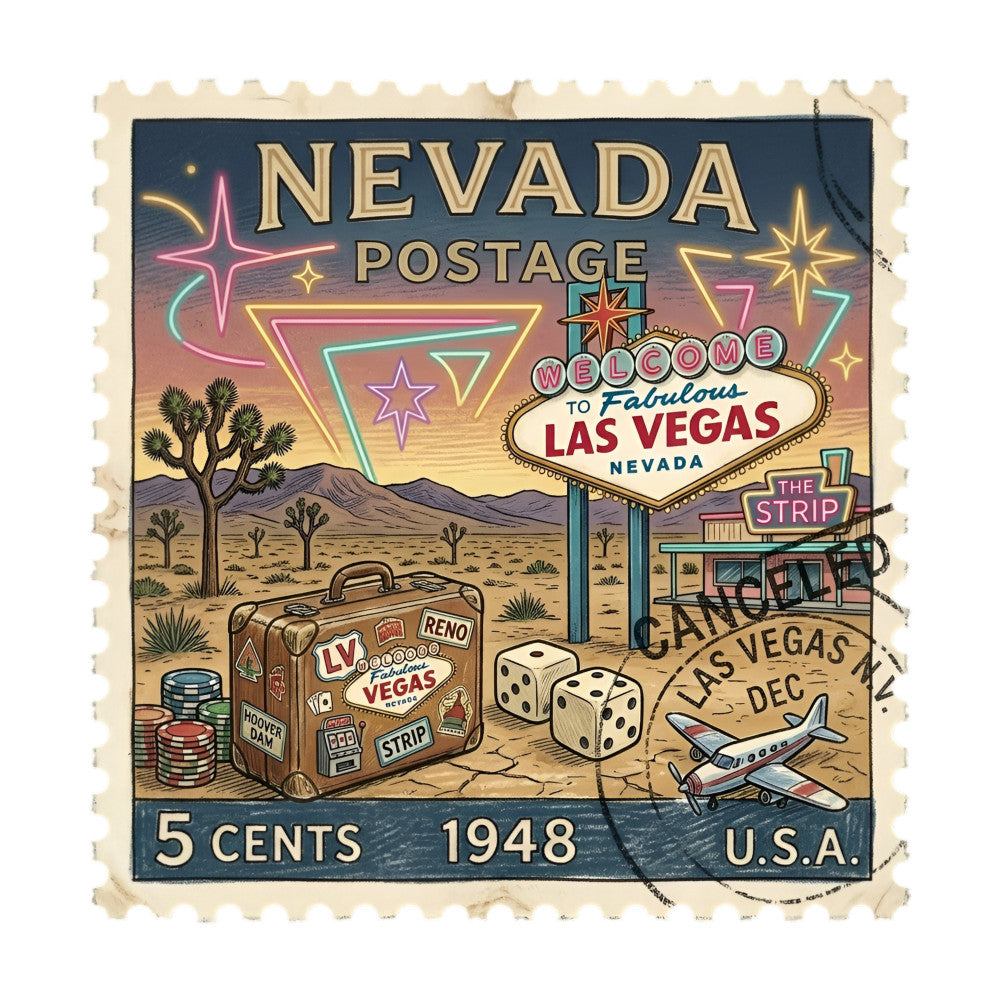 nevada postage, vintage las vegas, retro travel, neon signs, desert landscape, 1948, welcome to fabulous las vegas, the strip, mid-century modern, travel theme, vintage suitcase, dice motifs, slot machine, neon pink, neon cyan, neon yellow, sandy tan, desert tan, sunset colors, nostalgic, retro style, gambling theme, vacation theme, joshua trees, airplane, vintage postcard, whimsical, americana, travel poster