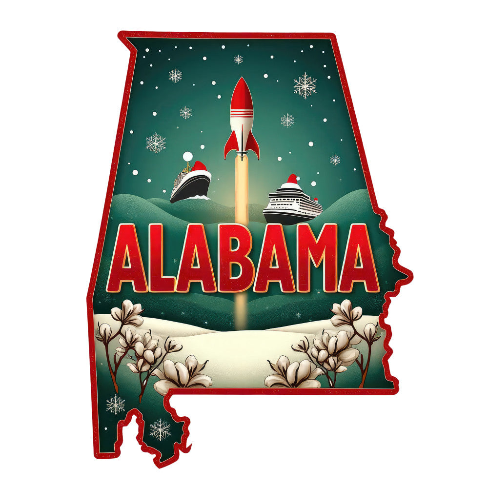 Christmas US States Fabric Panel 50 featuring Alabama with festive snowflakes, cotton plants, and holiday-themed rocket and ships.
