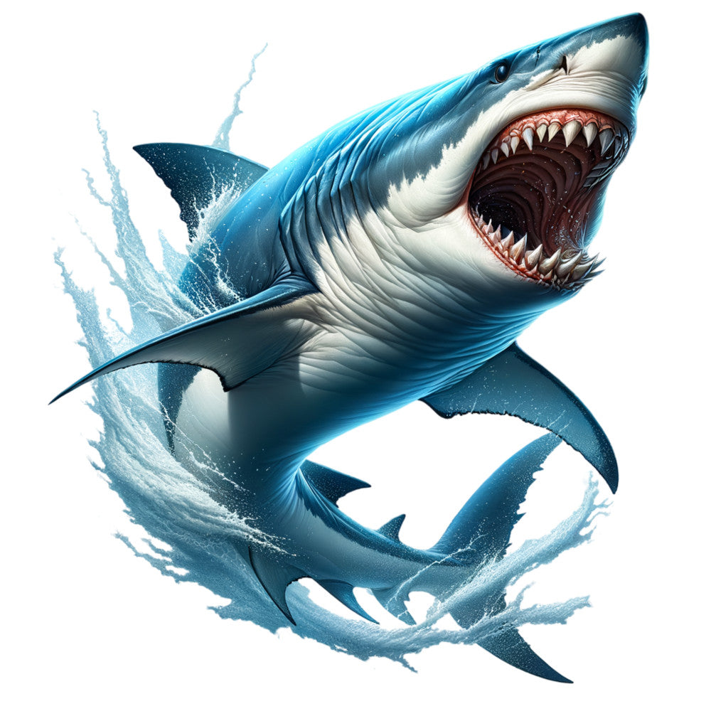 blue, white, turquoise, navy, red, shark, ocean, water splash, marine life, predator, open mouth, teeth, fierce, dramatic, realistic art, fabric panel, quilting cotton, sea creature, underwater, dynamic movement, splashing water, aggressive