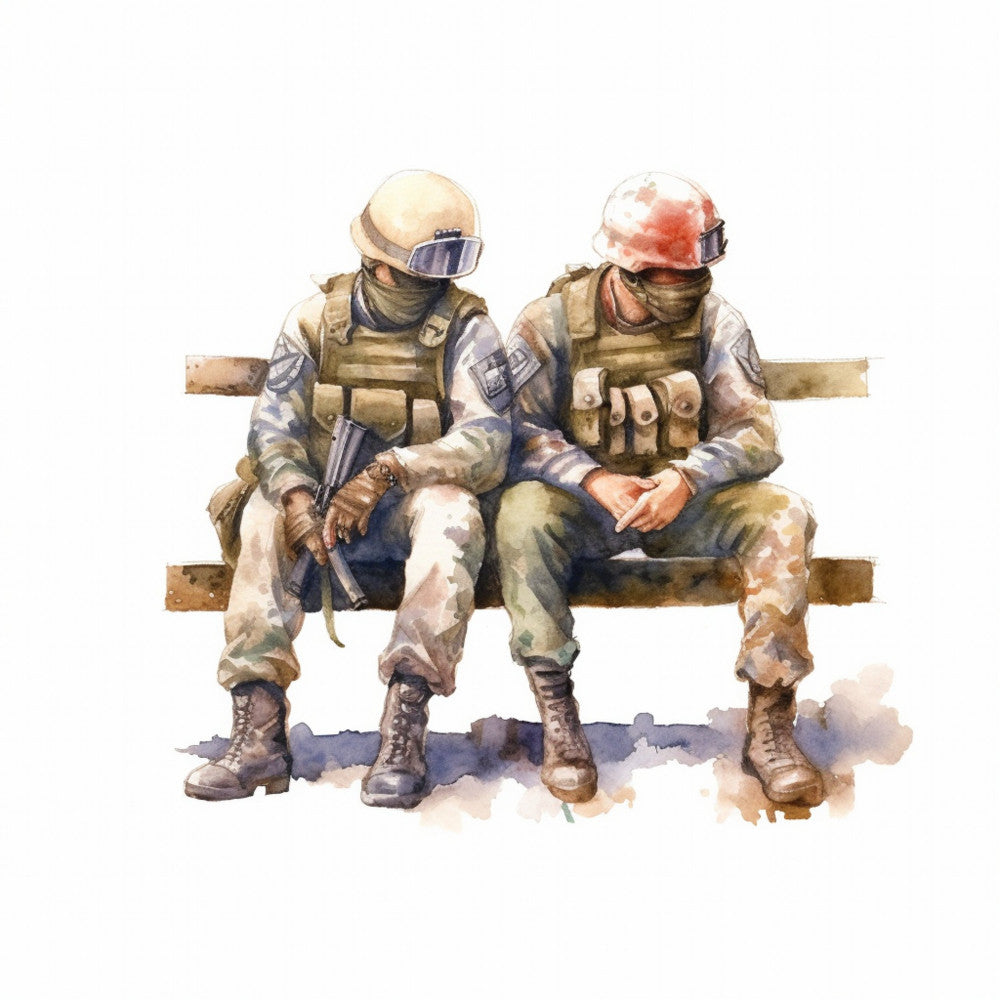 military, soldiers, camouflage, tan, khaki, olive green, beige, cream, navy blue, rust red, patriotic, tribute, heroes, armed forces, war, combat, realistic, watercolor style, illustration, figurative, american, courage, memorial, veterans, respect, strength, masculine, modern illustration, wall art, home decor