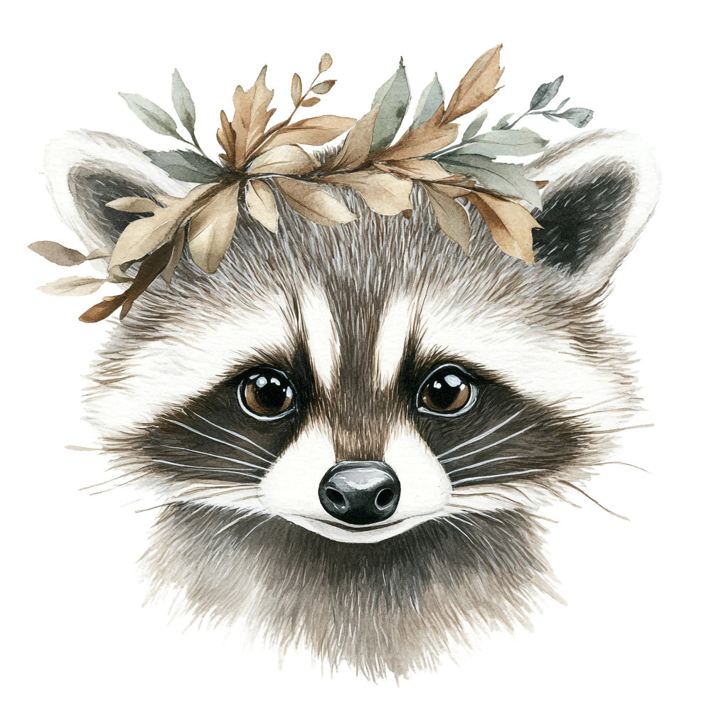 raccoon, woodland animal, nature, whimsical, autumn, fall, brown, tan, cream, white, gray, charcoal, forest green, sage green, floral crown, leaf crown, botanical, woodland creatures, forest animals, rustic, bohemian, illustration, watercolor, adorable animals, children's, baby, nursery, wall art, woodland theme, earthy tones