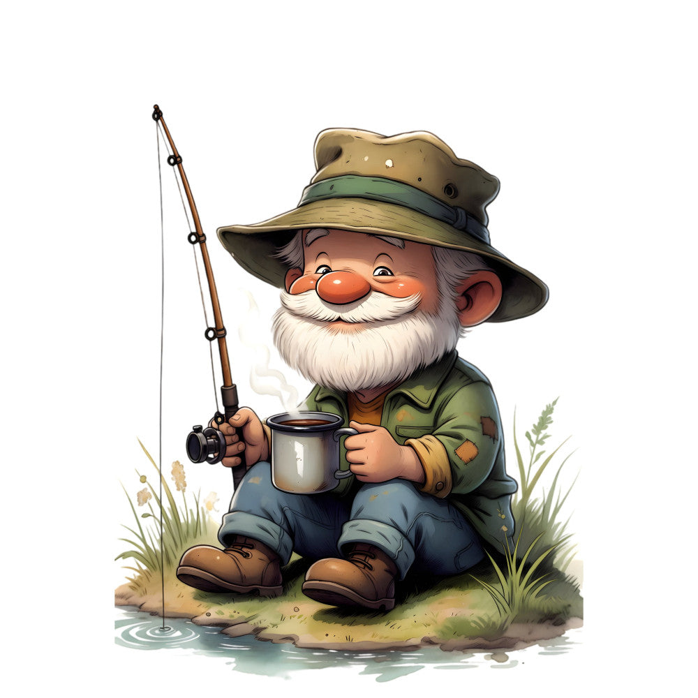 fishing, fisherman, gnome, bearded man, vintage, rustic, nature, outdoor, camping, water, pond, boots, hat, coffee mug, whimsical, folk art, charming, tan, olive green, blue, orange, peaceful, relaxation, leisure, countryside, storybook, illustration, novelty, hobbyist, adventure