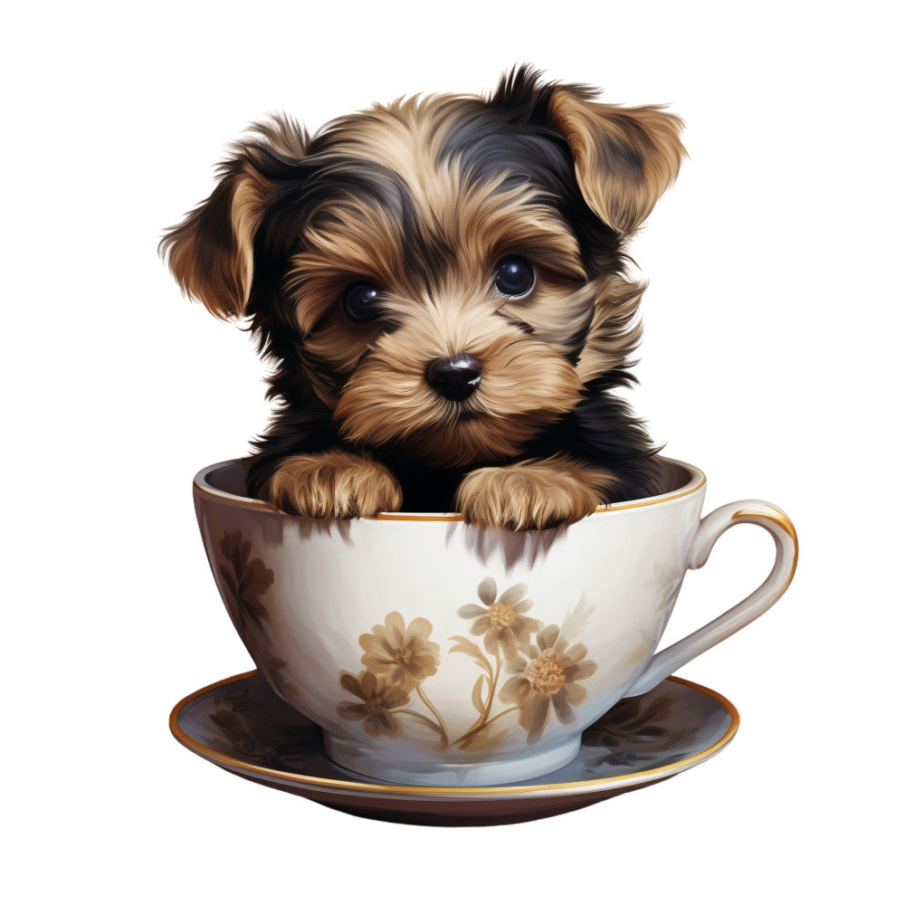 teacup puppy, adorable dog, cute animal, brown and tan, cream white, gold trim, floral teacup, whimsical, playful, children's design, baby shower, nursery decor, pet lover, dog breed, shih tzu, maltese, decorative cup, vintage teacup, botanical flowers, sweet theme, charming, delicate, elegant animals, young child, novelty print, decorative motif, spring themed, pastel tones, illustration style
