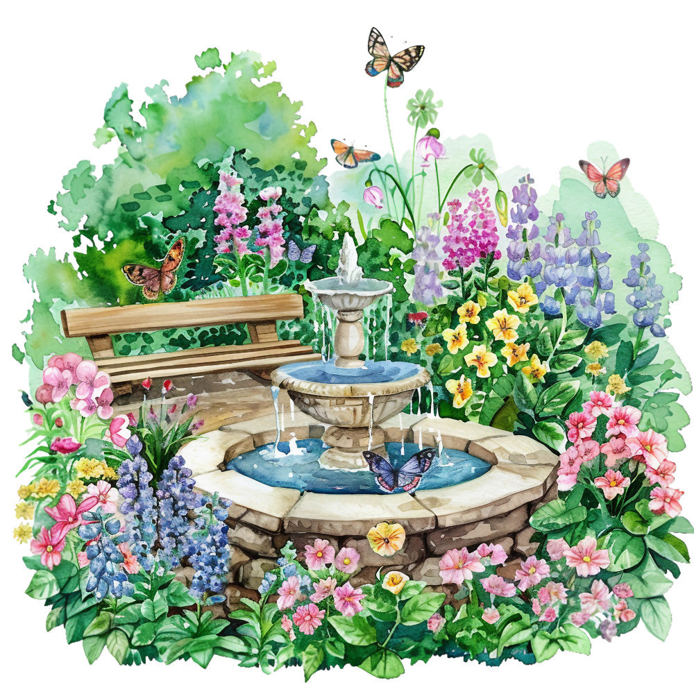 watercolor painting, summer garden, fountain scene, wooden bench, butterflies, floral blooms, pink flowers, purple lupines, yellow pansies, blue hydrangeas, garden landscape, nature scene, peaceful setting, fabric panel, quilting cotton, botanical illustration, outdoor garden, water feature, colorful florals, spring flowers