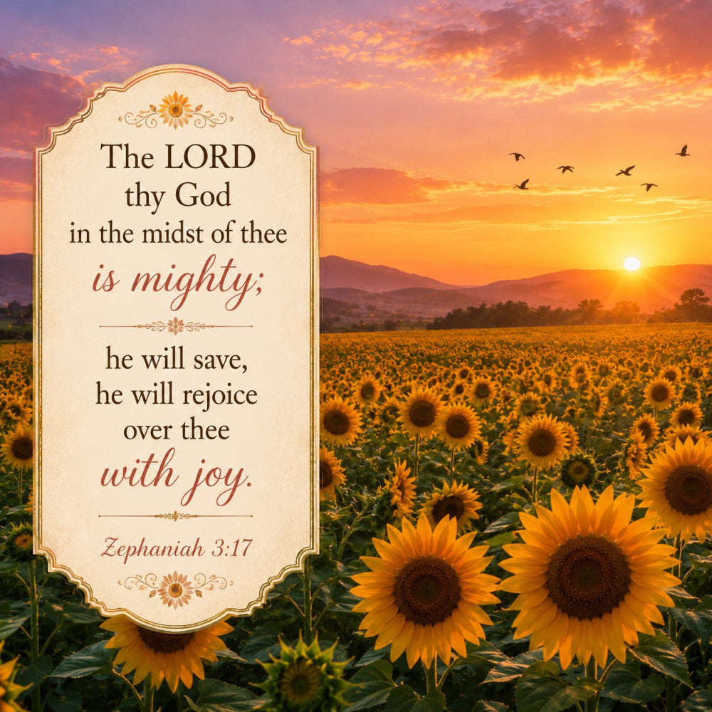 sunflower, golden yellow, sunset, scripture, religious, inspirational, faith, bible verse, zephaniah, nature, floral, landscape, mountains, birds, harvest, autumn, fall, farmhouse, rustic, elegant, traditional, warm tones, orange, amber, spiritual, uplifting, motivational, wall hanging, home decor