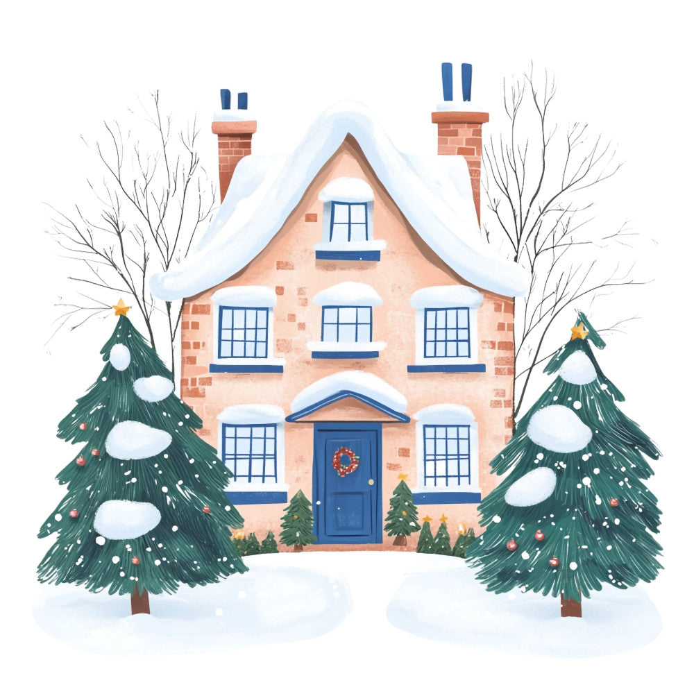 winter house, snowy cottage, christmas, holiday, festive, navy blue, coral pink, forest green, cream, brick red, whimsical, charming, cozy, rustic, farmhouse, traditional, winter scene, snow-covered, evergreen trees, decorated trees, chimneys, windows, door wreath, bare trees, seasonal, winter wonderland, quilt panel, home decor, nostalgic, cottage core