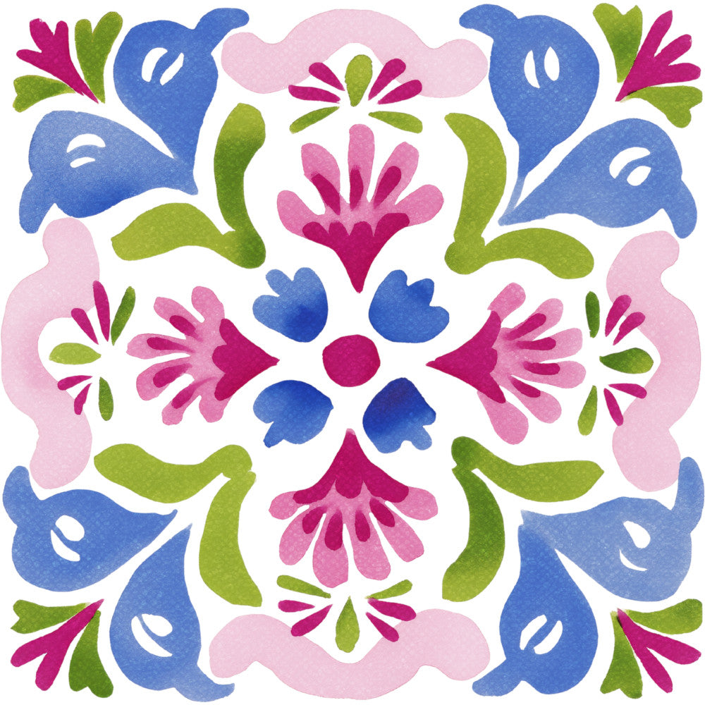 bright blue, magenta pink, lime green, soft pink, folk art, floral, geometric, symmetrical, whimsical, traditional, bohemian, ornamental, decorative, flowers, leaves, petals, hearts, peacocks, birds, spring, summer, vibrant, colorful, appliqué, mexican inspired, damask, quilting cotton, modern traditional, nature, botanical