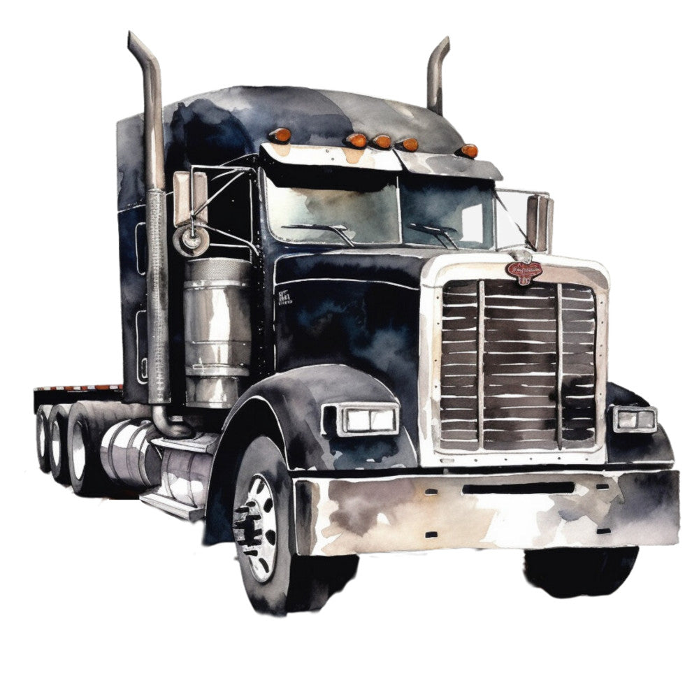 watercolor art, semi truck, transportation, navy blue, white, gray, orange lights, chrome details, exhaust stacks, fabric panel, quilting cotton, vehicle illustration, masculine design, trucking theme, realistic style, automotive art, industrial vehicle, sleeper cab, detailed rendering, artistic watercolor