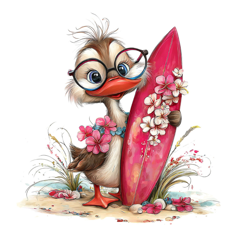 whimsical bird, cute duck, glasses, surfboard, tropical, coral pink, hot pink, cream, tan, sand, floral, pink flowers, white flowers, beach theme, summer, playful, cartoon, adorable, children's, kids fabric, novelty print, animal print, nature inspired, coastal, fun, cheerful, bright colors, decorative panel