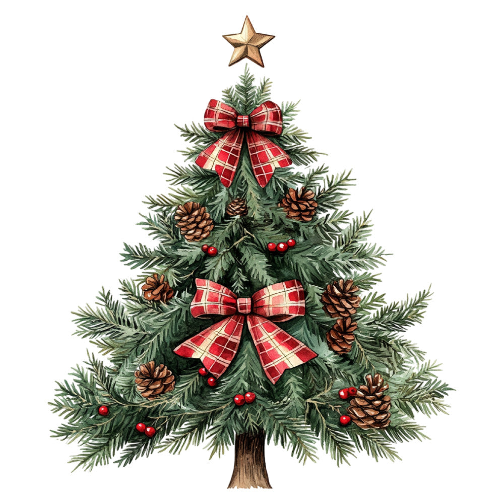 christmas tree, holiday, festive, red plaid, gold star, pine cones, evergreen, red berries, traditional, rustic, seasonal, winter, christmas, gold accents, plaid bows, forest green, cream, red and gold, nature, tree topper, classic, vintage style, country, farmhouse, red tartan, decorative, festive decor, christmas theme, natural elements
