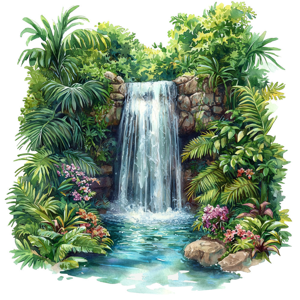 waterfall, tropical plants, lush greenery, turquoise water, emerald green, forest green, lime green, pink flowers, purple blooms, palm fronds, ferns, moss, rocks, stones, paradise scene, jungle landscape, fabric panel, quilting cotton, hawaiian theme, nature motif, botanical print, serene atmosphere, tropical paradise