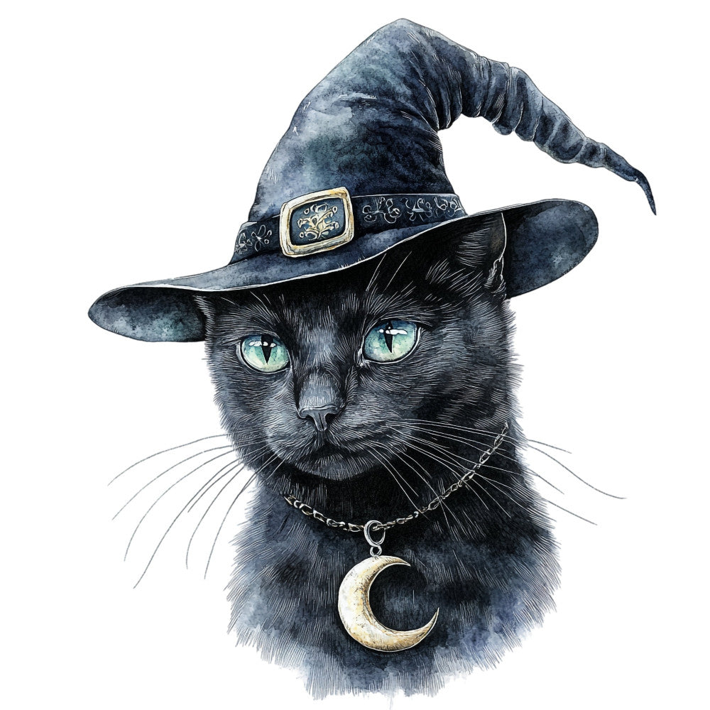 black cat, witch hat, moon pendant, celestial, mystical, magical, halloween, witchy, dark academia, gothic, green eyes, enchanted, spell, potion, occult, whimsical, fantasy, dark blue, charcoal gray, silver accents, gold buckle, chain necklace, spooky, mysterious, ethereal, vintage witch, moon phases, supernatural, bewitching, charm pendant