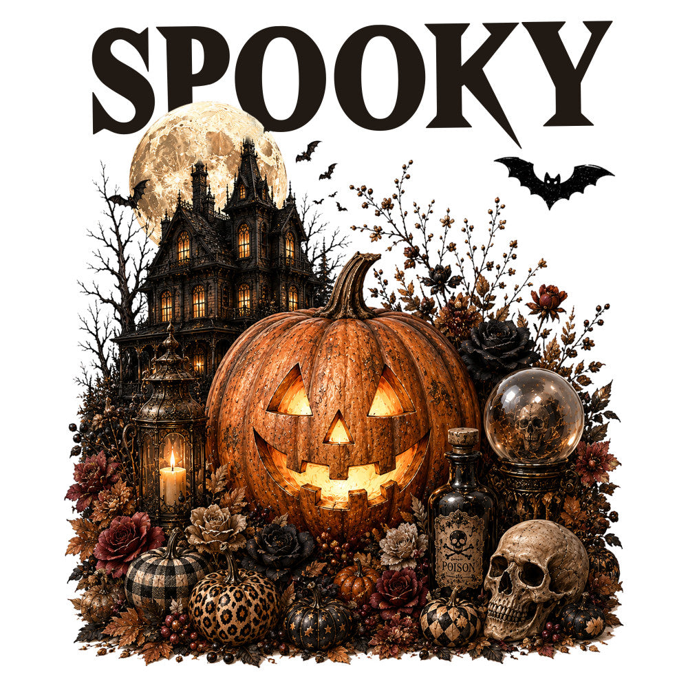 spooky, halloween, jack-o-lantern, pumpkin, haunted house, black, orange, cream, burnt orange, deep red, dark brown, gothic, autumn, fall, skull, poison bottle, crystal ball, bat, witchy, vintage halloween, elegant spooky, dark romantic, decorative, wall hanging, seasonal decor, moody aesthetic, creepy cute, traditional halloween, horror theme, botanical elements